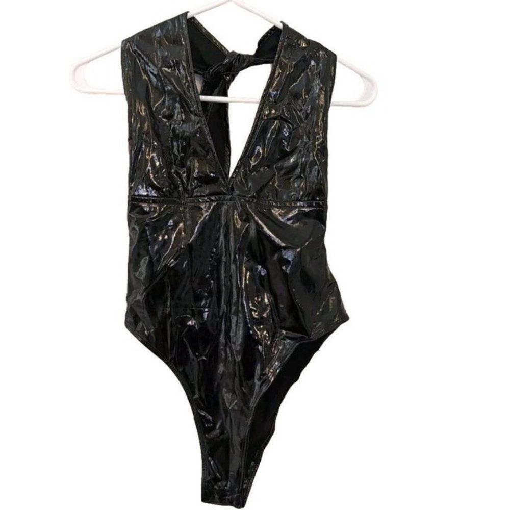 Shein SXY Women's Bodysuit Shiny Black Halter top size large 8/10